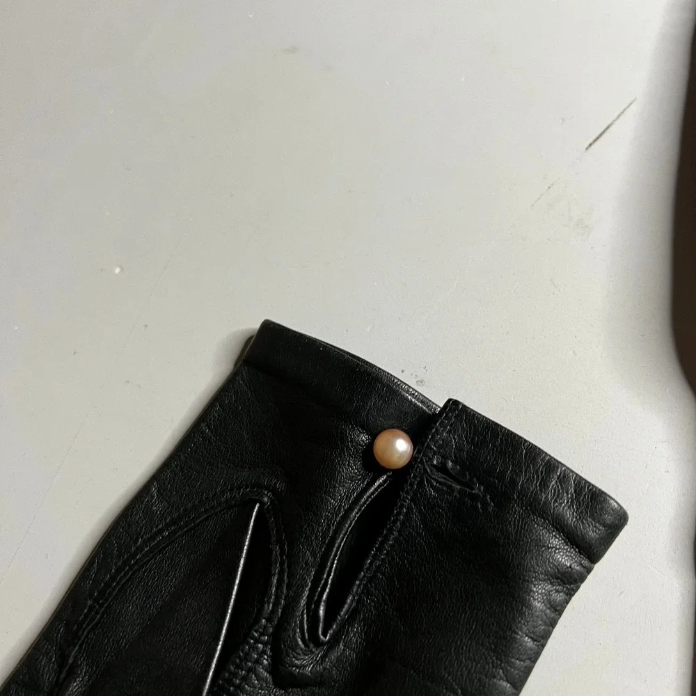 Vintage 1950s Black Leather Gloves Pearl Button Wrist Length Mid Century Retro